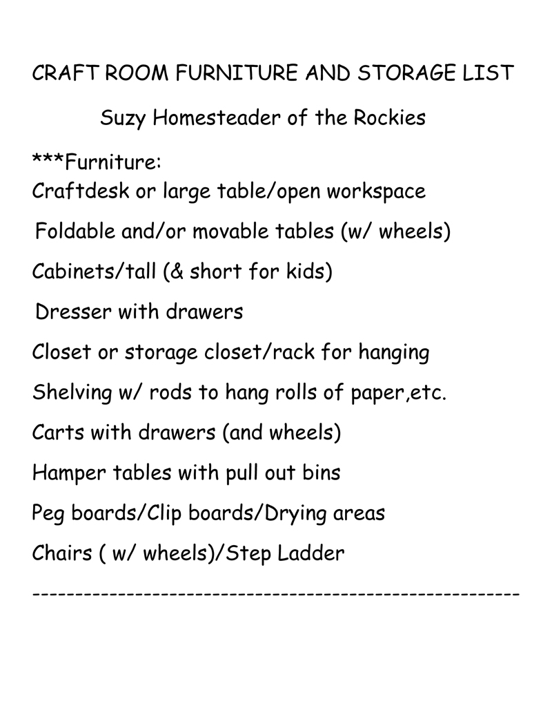 Craft Room Furniture 
               and Storage List #1